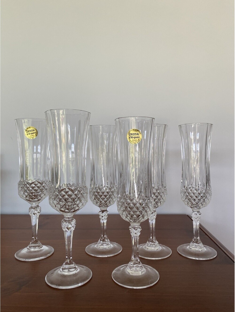 VTG1970s Cristal dArques Longchamp Champagne Flute Diamond Pattern Glass Lot 4+2